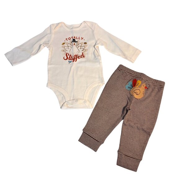 Carters 6M Baby "Totally Stuffed" Bodysuit & Turkey-Print Striped Pants Outfit - Picture 1 of 7